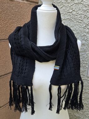 Smartwool Wool Blend Black Knit Fringe Scarf with Accent Stripe